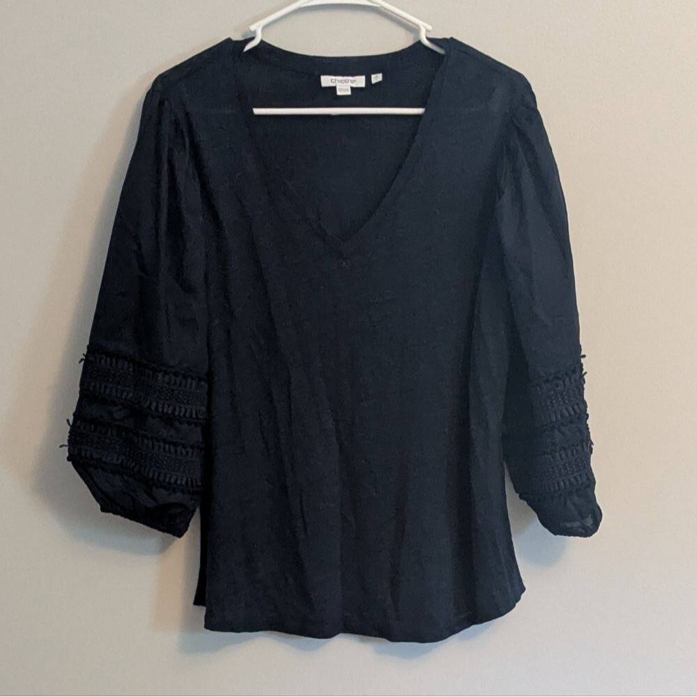 Chico's Navy Blue Linen V-Neck Blouse Top Textured Puff Sleeves – Size 2, Large